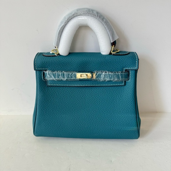 Teal Colbalt Bleu Jean 25 Leather Belted KL Bag w/ Gold HW Crossbody Satchel B13 - Picture 12 of 13